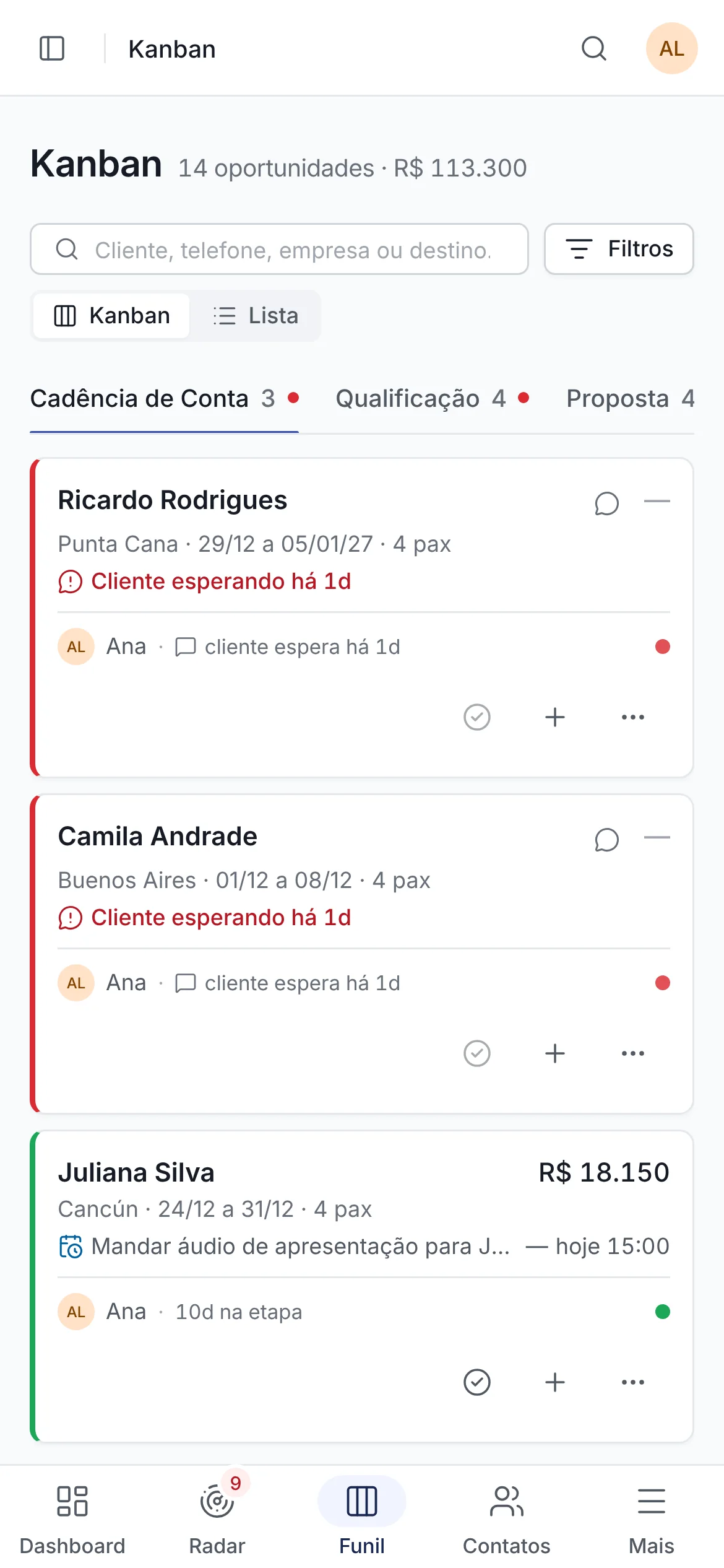 Kanban da Selltio com as colunas do funil e cards com a situação do Radar