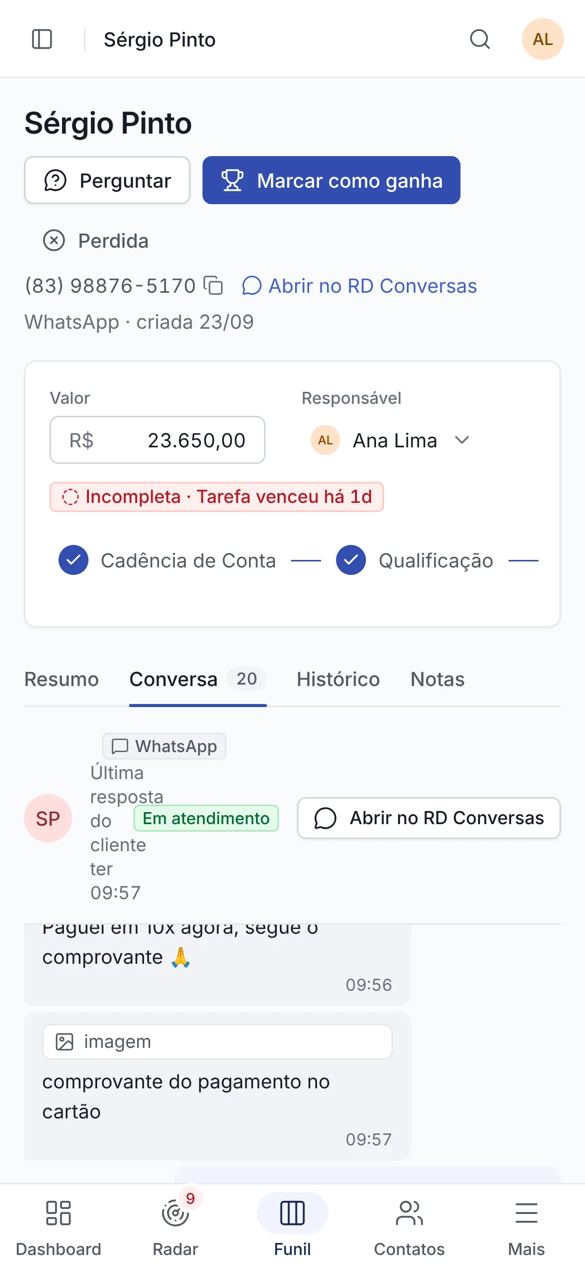 Ficha de uma oportunidade na Selltio com a conversa, as tarefas e as ações da IA aplicadas