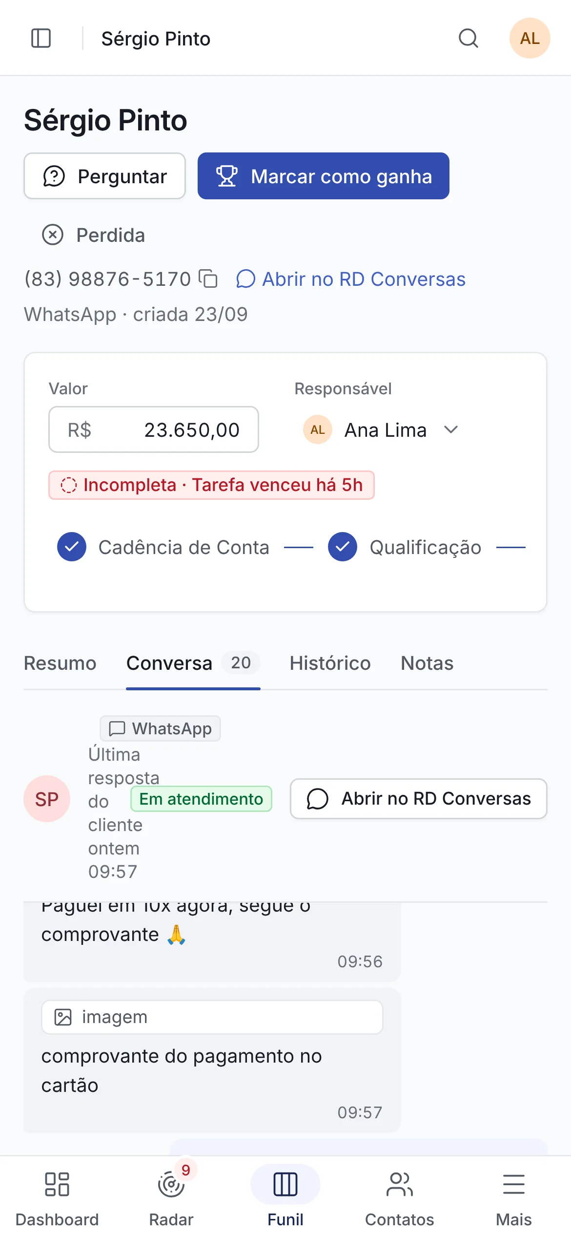 Ficha de uma oportunidade na Selltio com a conversa, as tarefas e as ações da IA aplicadas